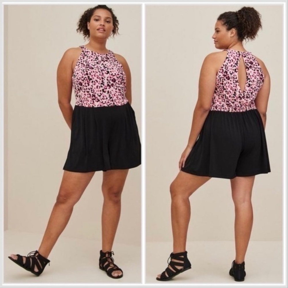 Torrid pink black leopard halter pocketed romper 1X 14 16
